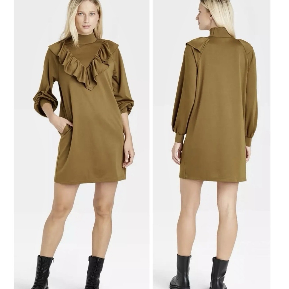 Who What Wear Ruffled Mock Neck Mini Shift Dress Size XXL Neutral Victorian Boho